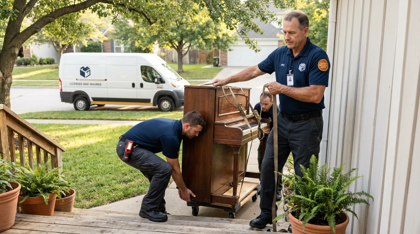 Licensed piano movers securing grand piano in Beaver City, NE