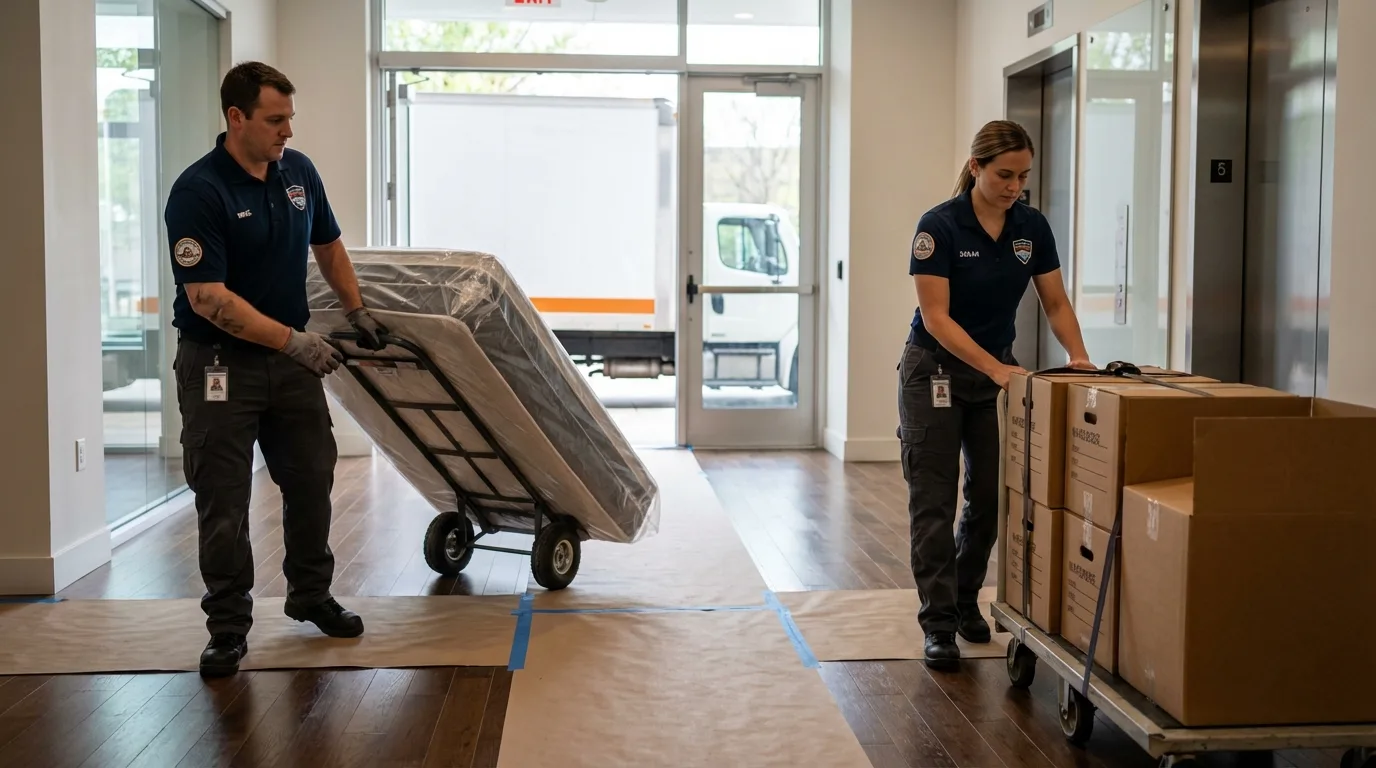 Professional apartment movers loading elevator in Beaver City, NE
